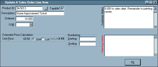 Remote Customer Sales Order Line Item Data Entry Window