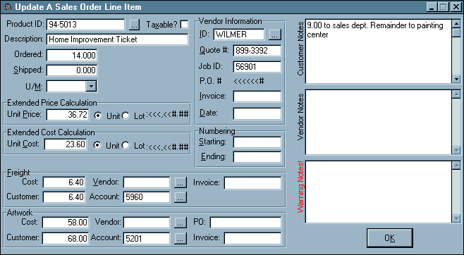 In Office Sales Order Line Item Data Entry Screen 